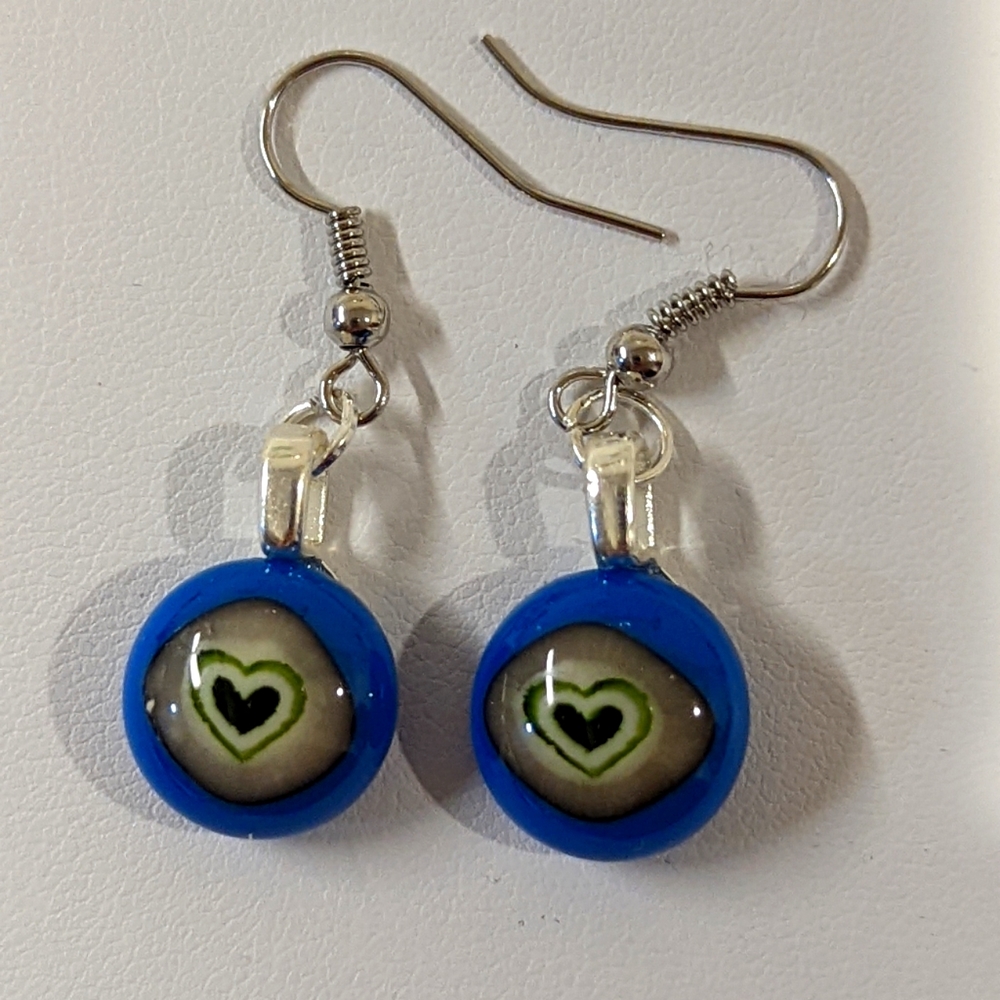 Artisan handmade blue glass drop earrings with green hearts